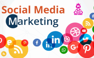 A laptop displaying social media icons on a desk, with a scenic Goa beach in the background, representing the work of social media marketing agencies in Goa, including Sanctify.